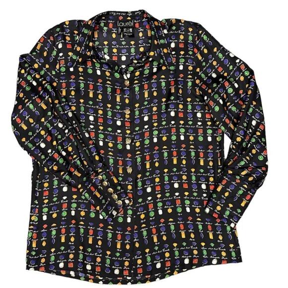 Vintage LAURÈL by Escada Silk Blouse Womens US 6 EU 38 Gemstone Print Black vtg - Picture 1 of 14
